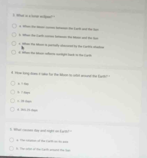 3. what is a lunar eclipse? a. when the moon comes between the earth an…