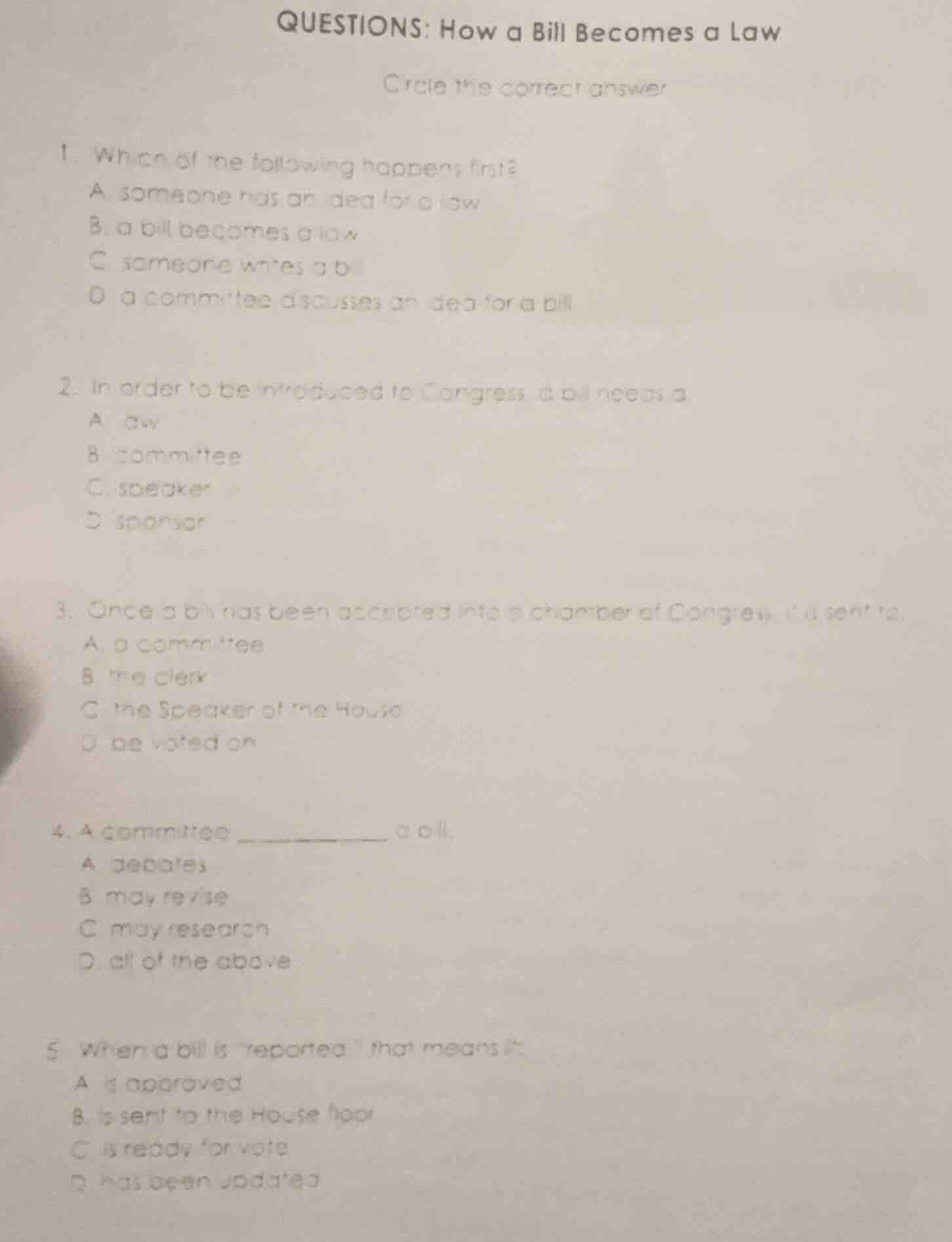 questions: how a bill becomes a law circle the correct answer 1. which …