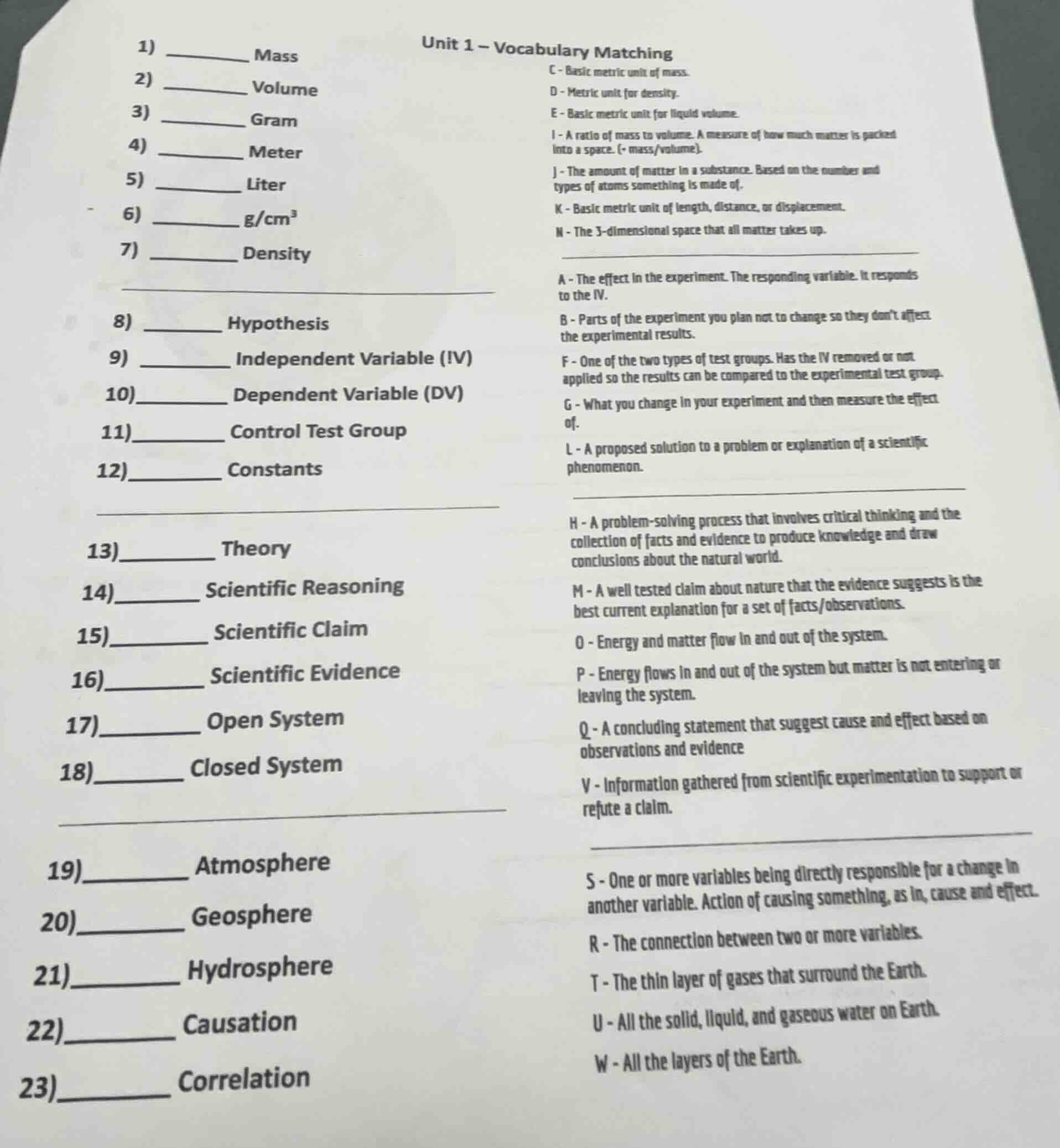 unit 1 – vocabulary matching 1) ______ mass c - basic metric unit of ma…