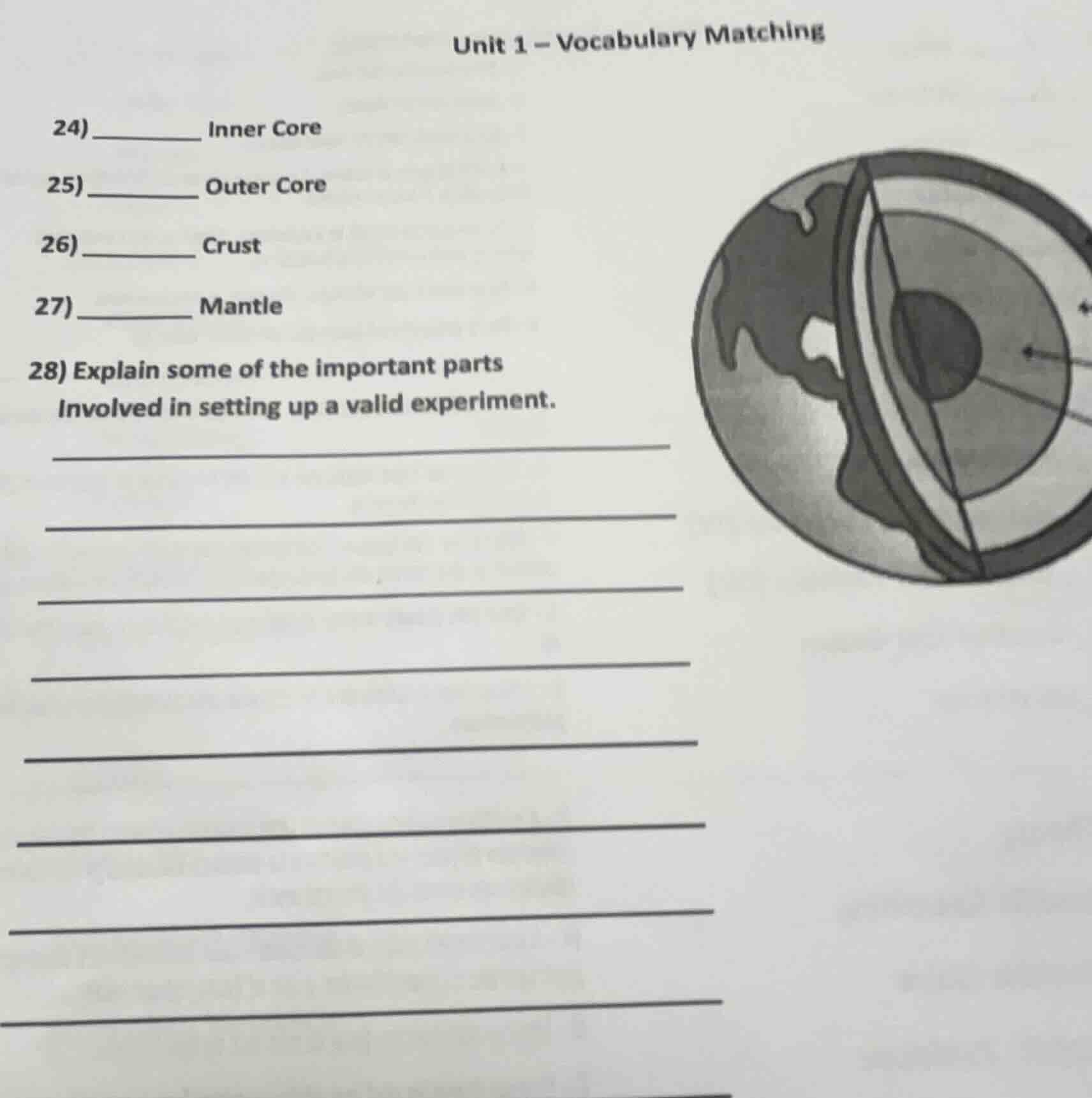 unit 1 – vocabulary matching 24) _______ inner core 25) _______ outer c…