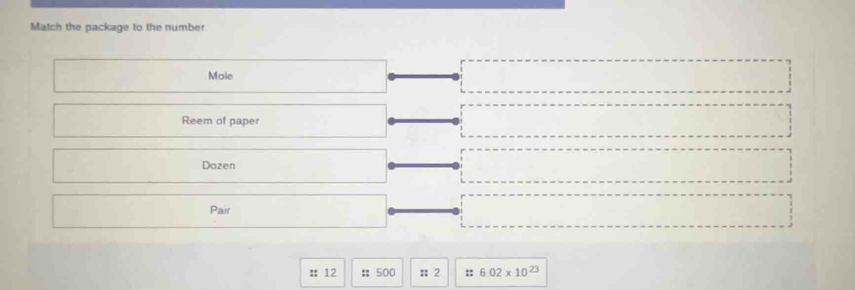 match the package to the number. mole reem of paper dozen pair 12 500 2…