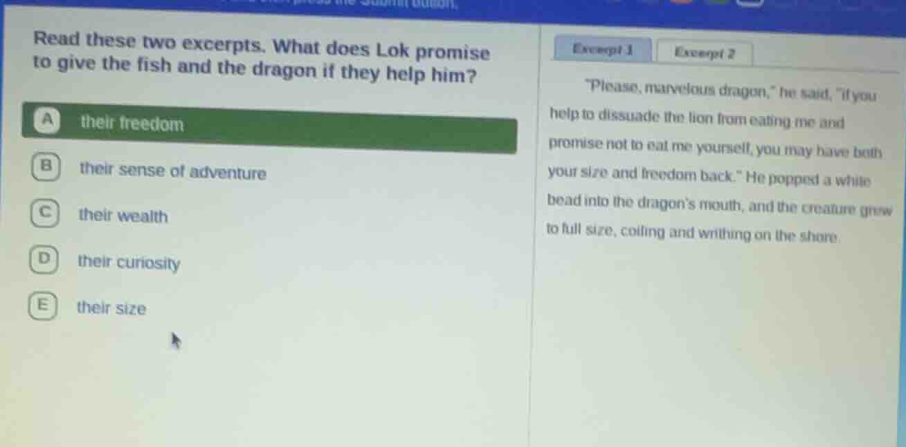 read these two excerpts. what does lok promise to give the fish and the…