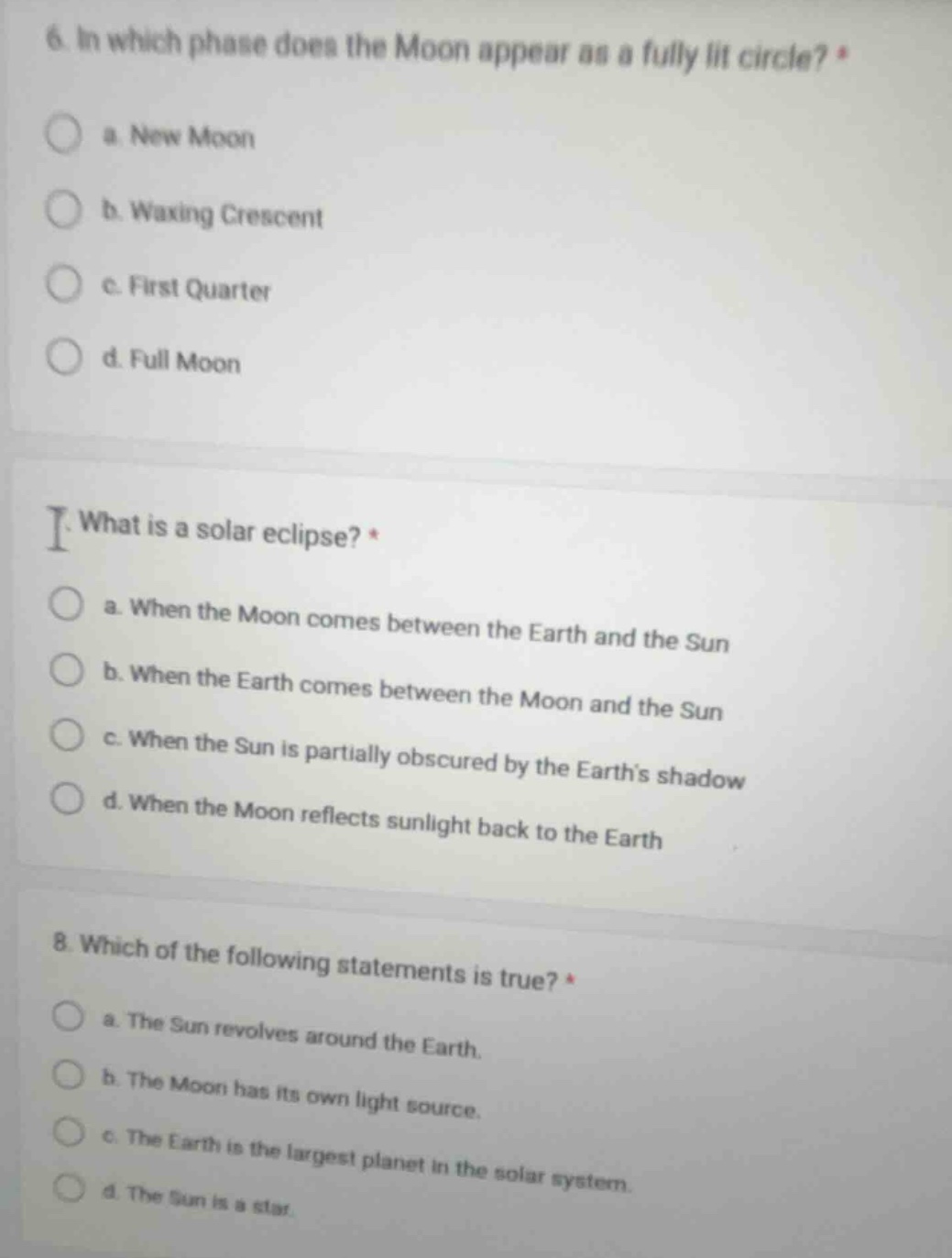 6. in which phase does the moon appear as a fully lit circle? a. new mo…