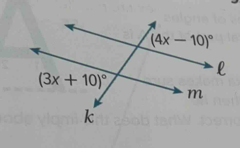 in the diagram, lines l, m are parallel, and line k is a transversal. t…