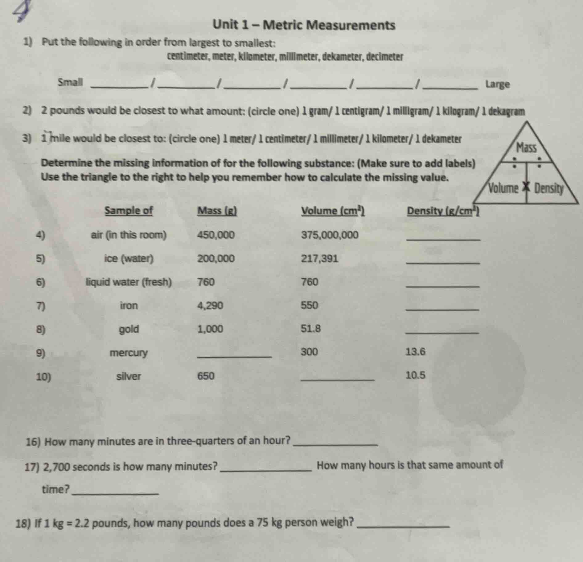 unit 1 – metric measurements 1) put the following in order from largest…