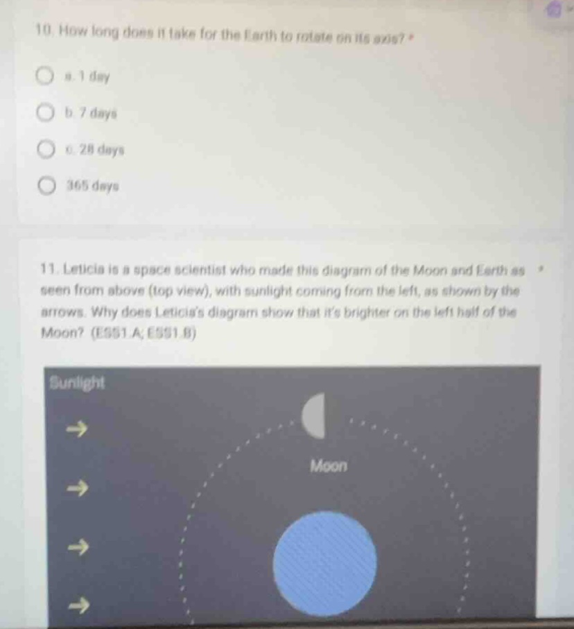 10. how long does it take for the earth to rotate on its axis? a. 1 day…