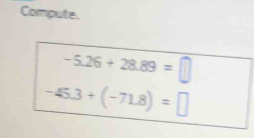 compute. -5.26 + 28.89 = -45.3 + (-71.8) =