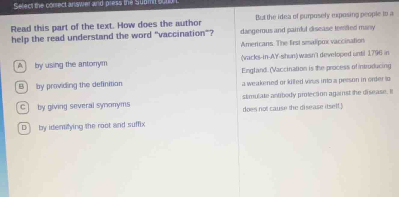 select the correct answer and press the submit button. read this part o…