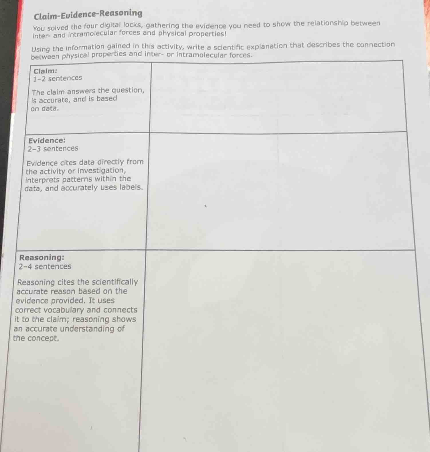 claim - evidence - reasoning you solved the four digital locks, gatheri…