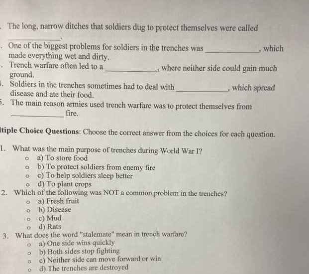 the long, narrow ditches that soldiers dug to protect themselves were c…