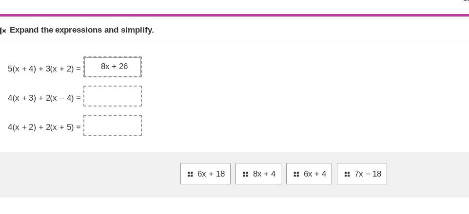 expand the expressions and simplify. $5(x + 4) + 3(x + 2) = \\boxed{8x …