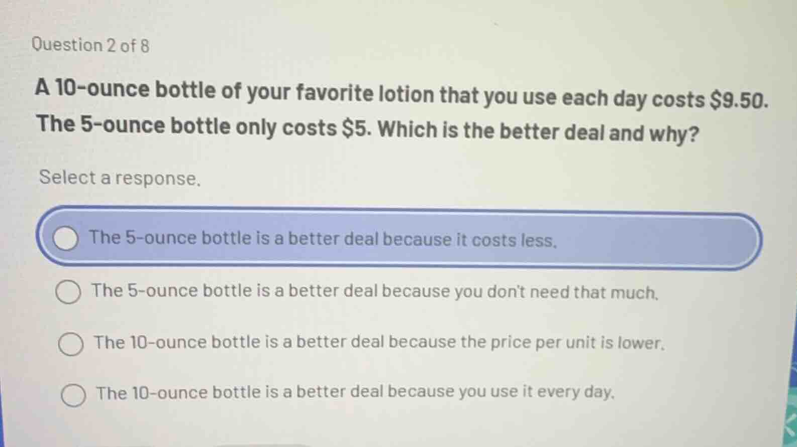 question 2 of 8 a 10-ounce bottle of your favorite lotion that you use …