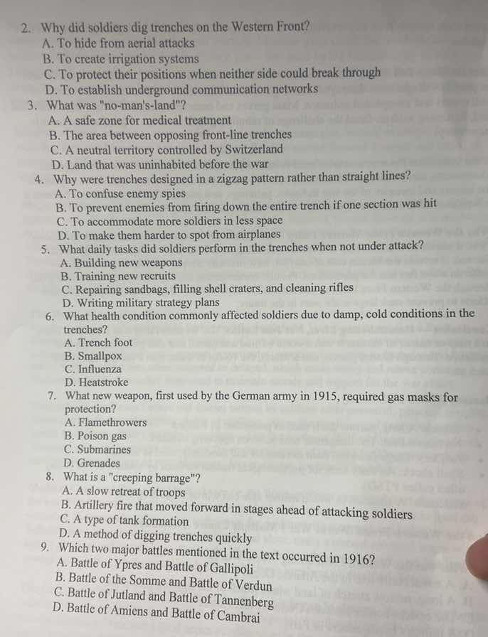 2. why did soldiers dig trenches on the western front? a. to hide from …