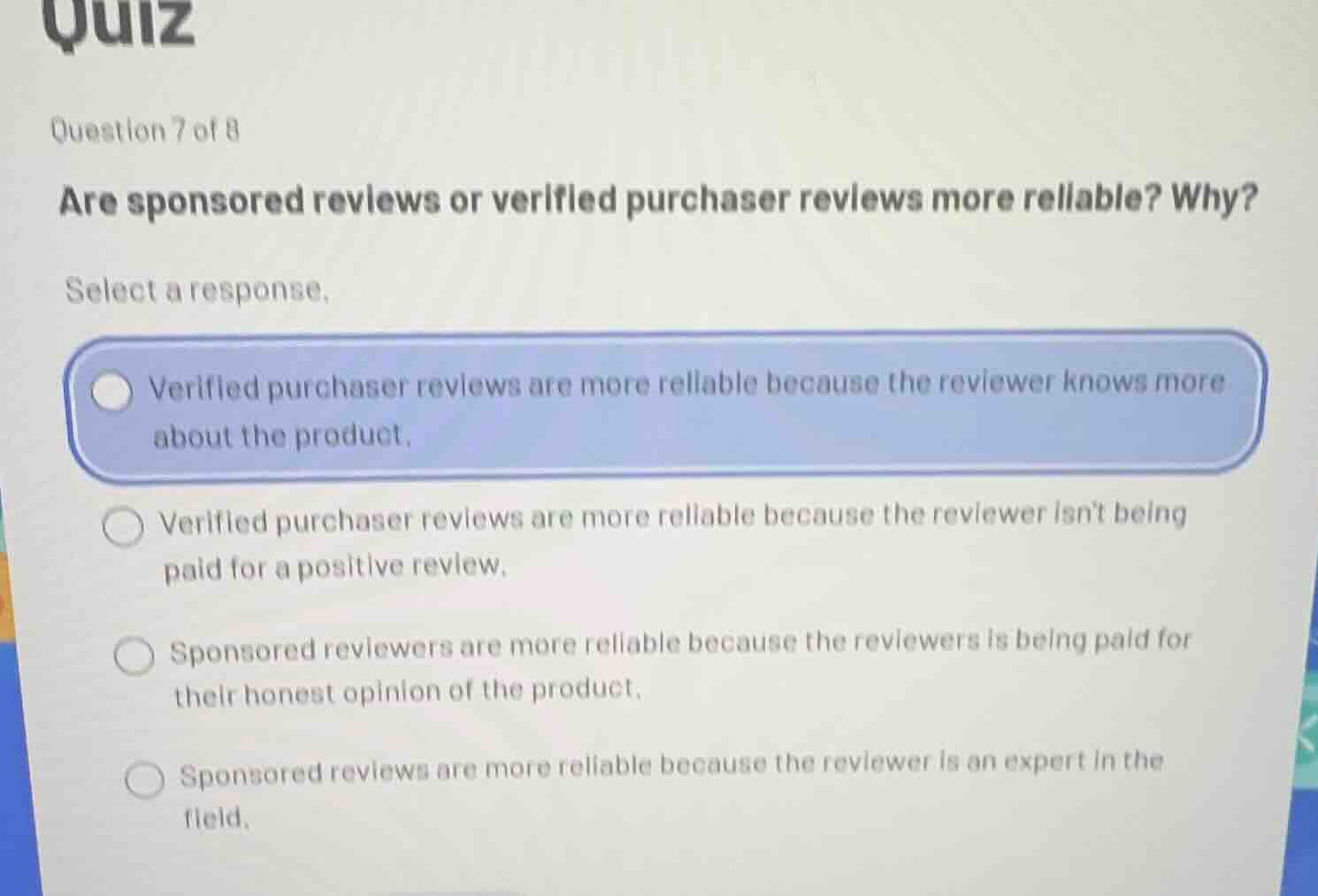 quiz question 7 of 8 are sponsored reviews or verified purchaser review…