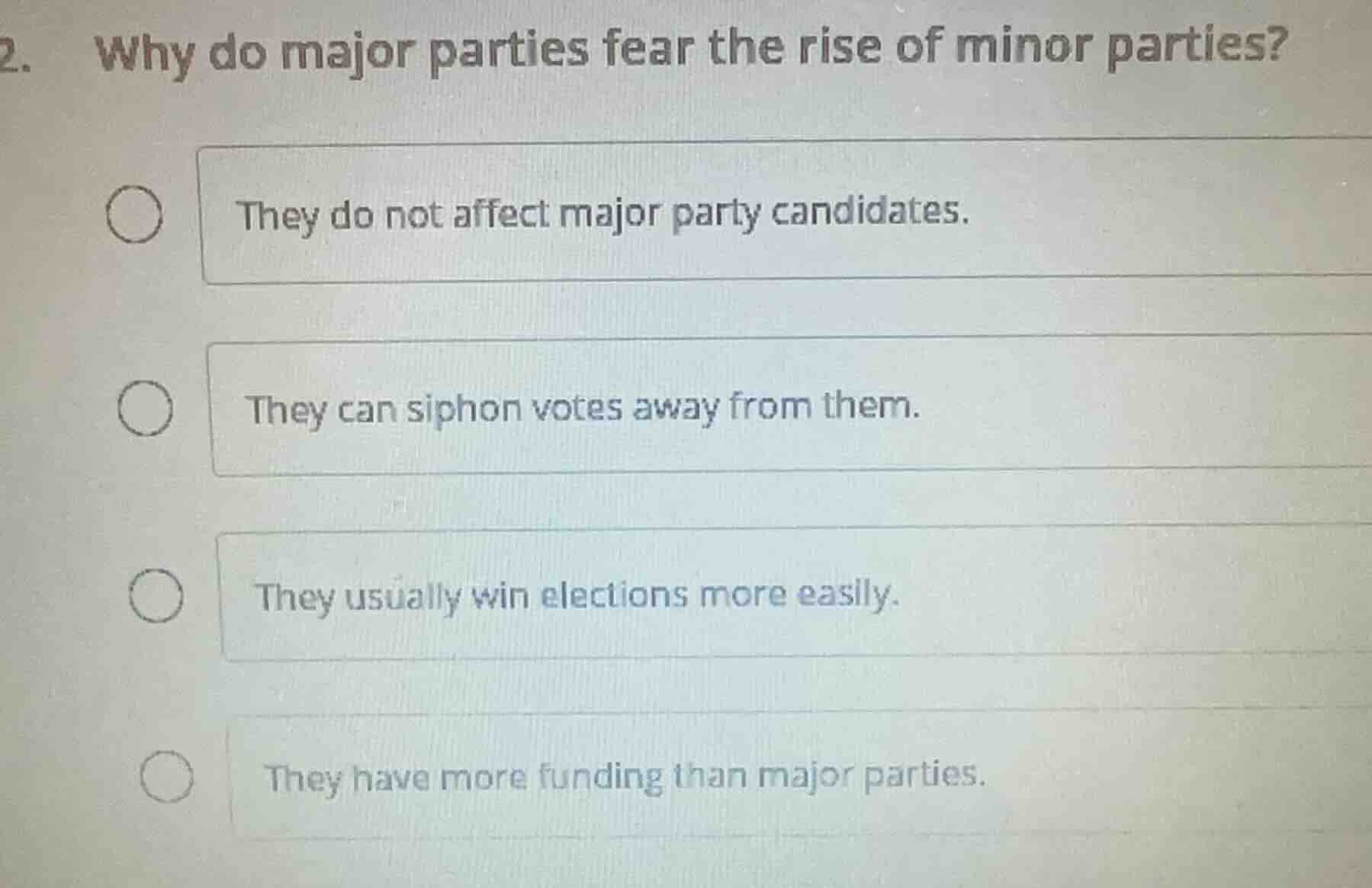 2. why do major parties fear the rise of minor parties? ○ they do not a…