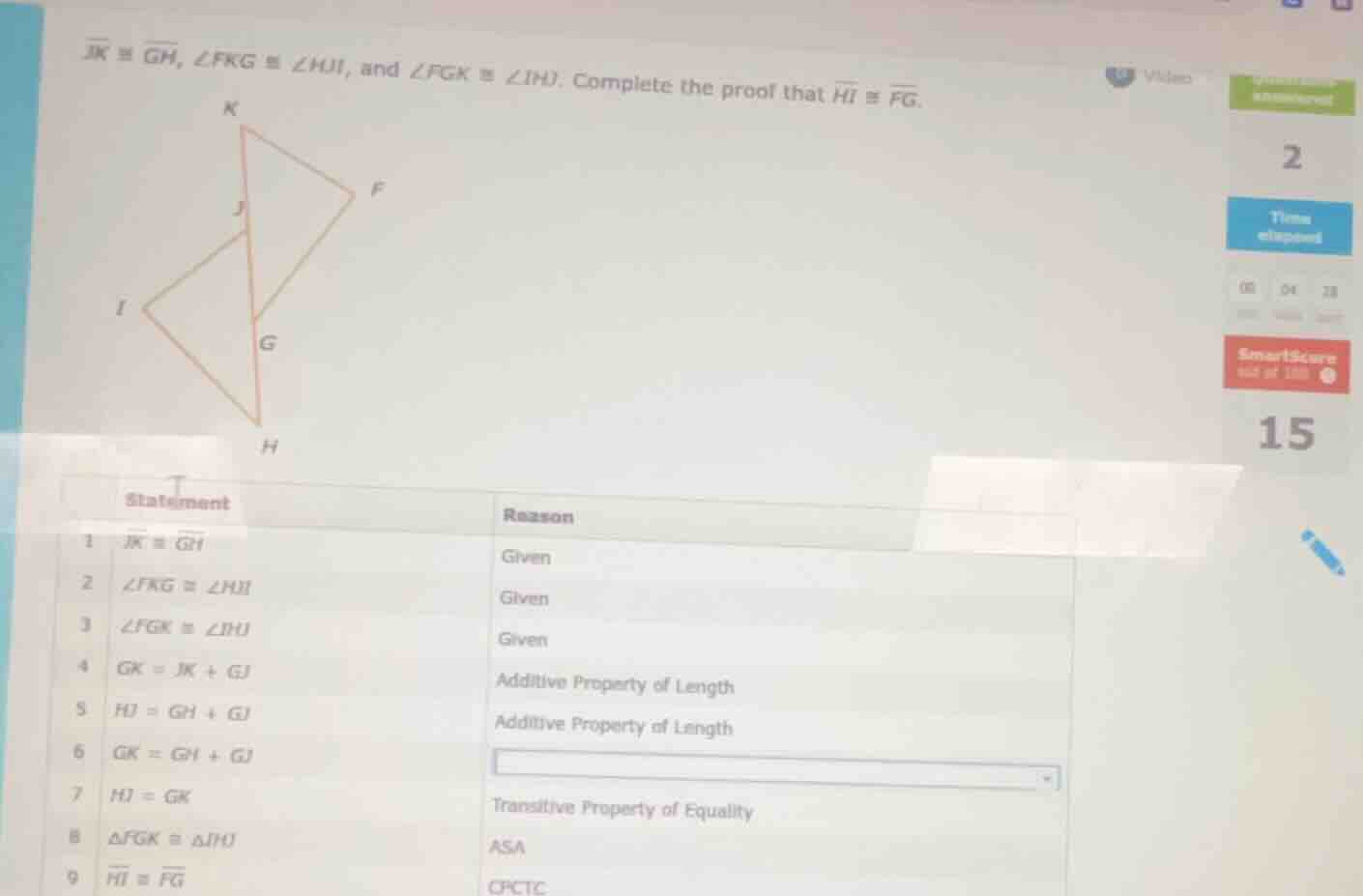 $\\overline{jk} \\cong \\overline{gm}$, $\\angle fkg \\cong \\angle hji…