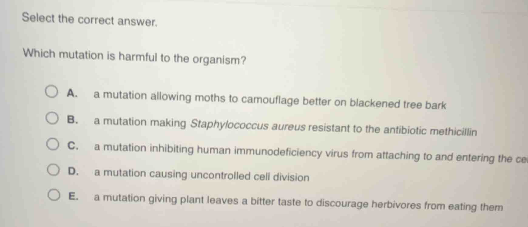 select the correct answer. which mutation is harmful to the organism? a…