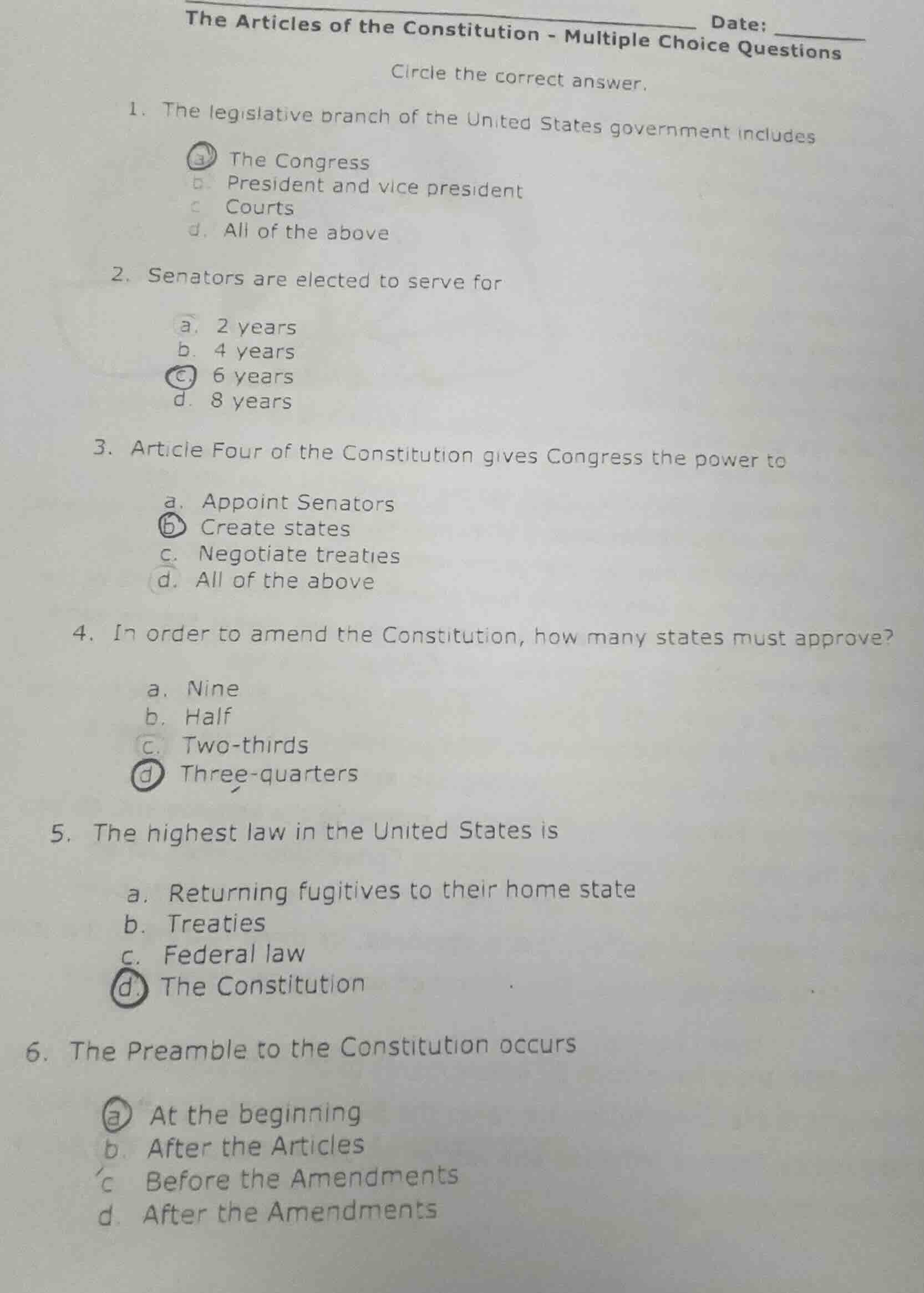 the articles of the constitution - multiple choice questions circle the…