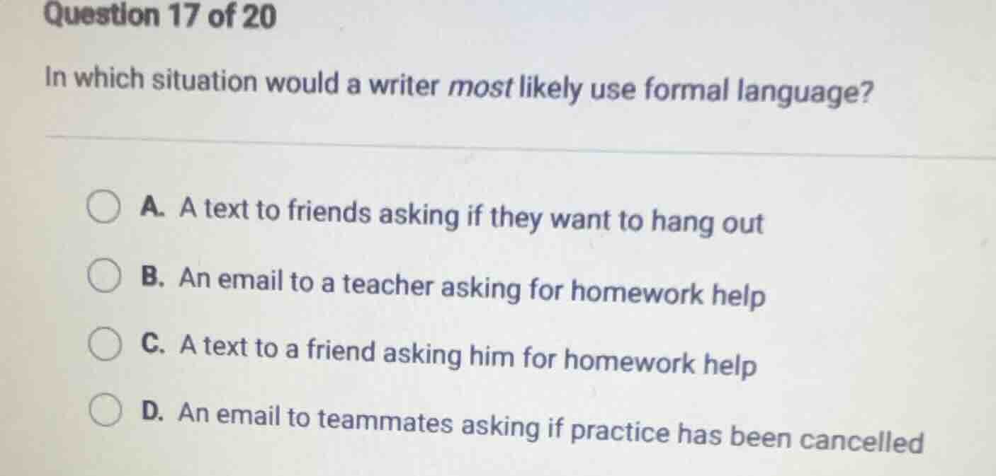 question 17 of 20 in which situation would a writer most likely use for…