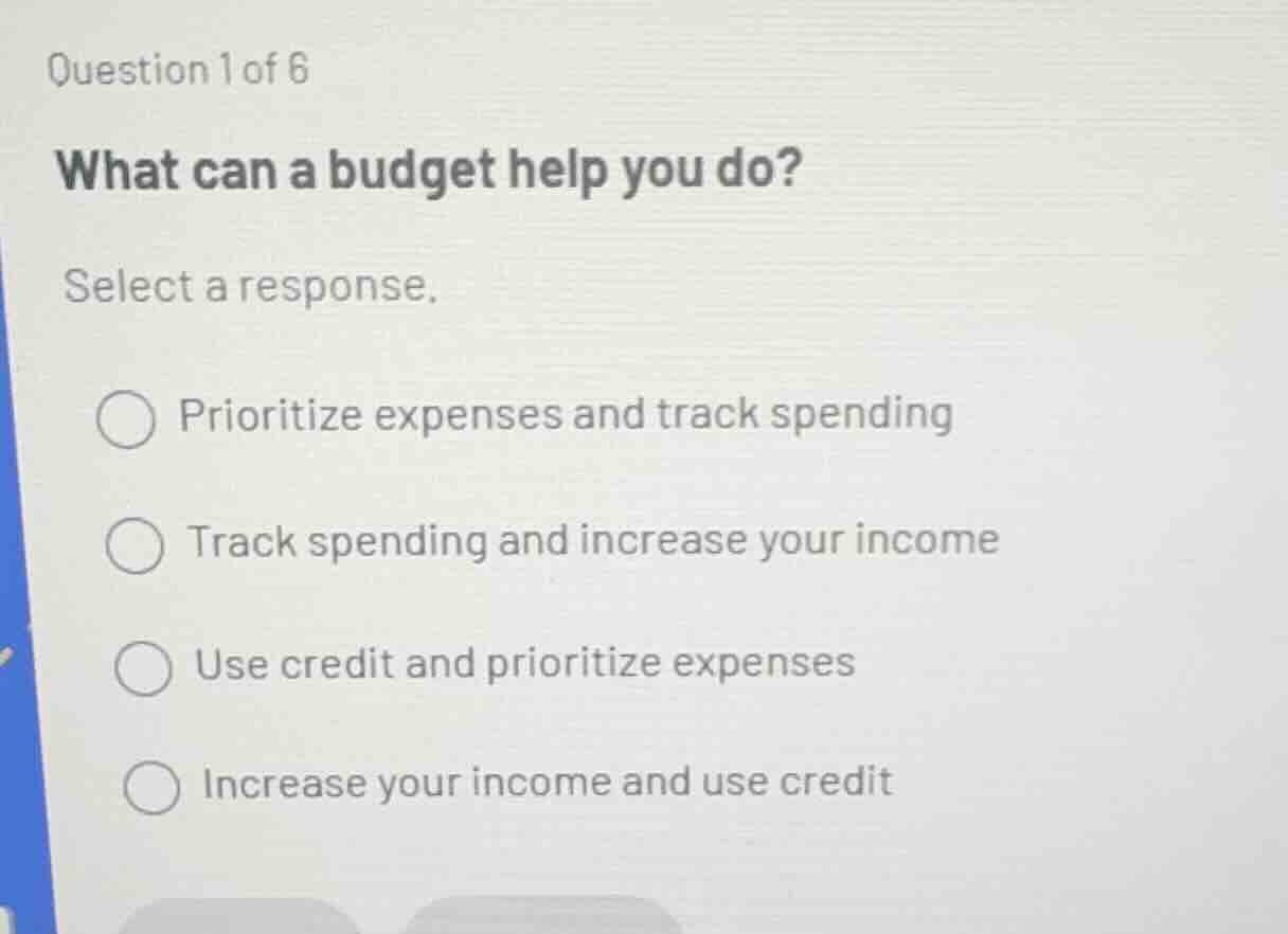 question 1 of 6 what can a budget help you do? select a response. ○ pri…