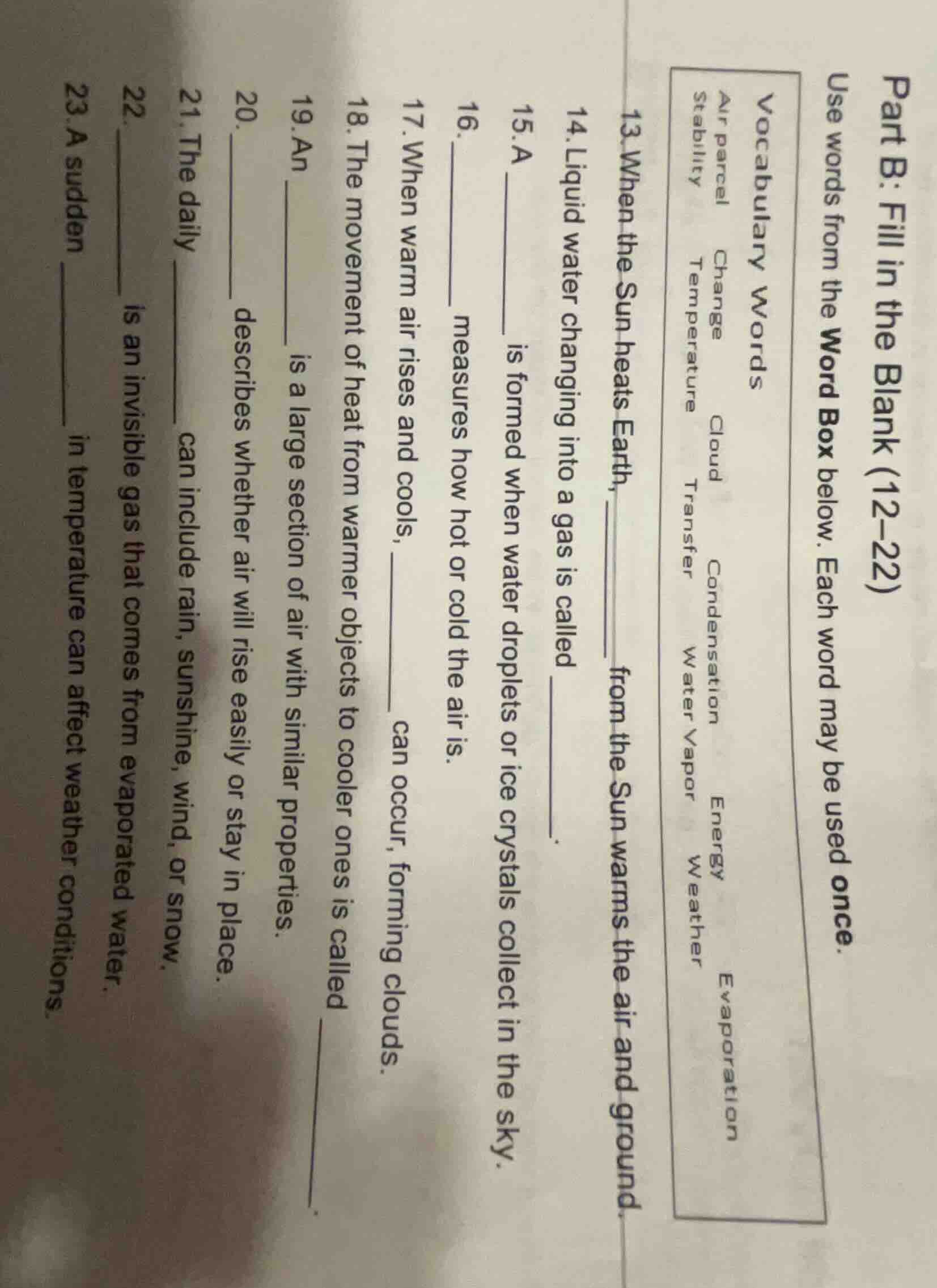 part b: fill in the blank (12–22) use words from the word box below. ea…