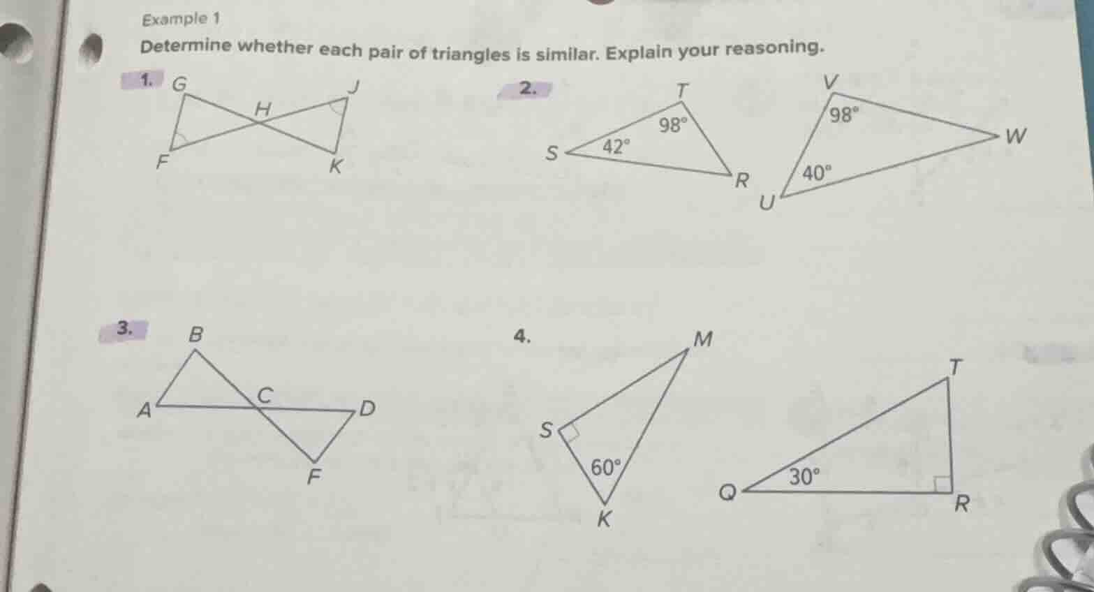 example 1 determine whether each pair of triangles is similar. explain …