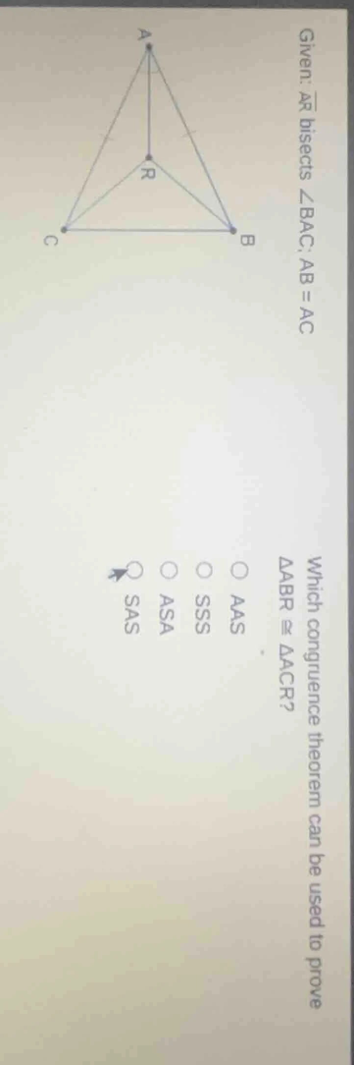 given: \\(\\overline{ar}\\) bisects \\(\\angle bac\\); \\(ab = ac\\)\ w…