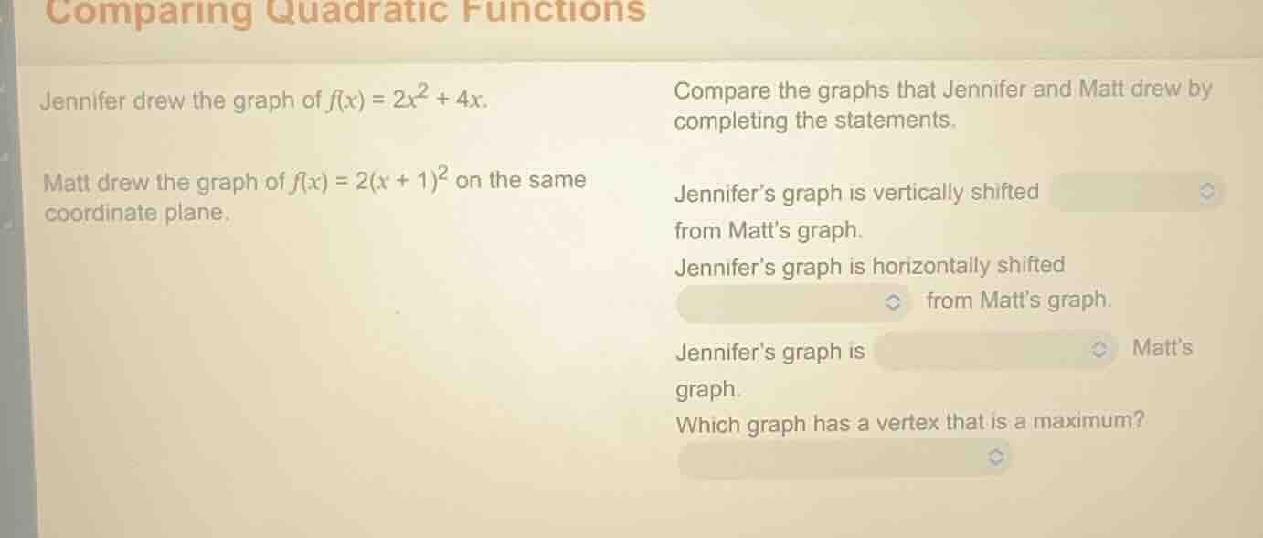 comparing quadratic functions jennifer drew the graph of $f(x) = 2x^2 +…