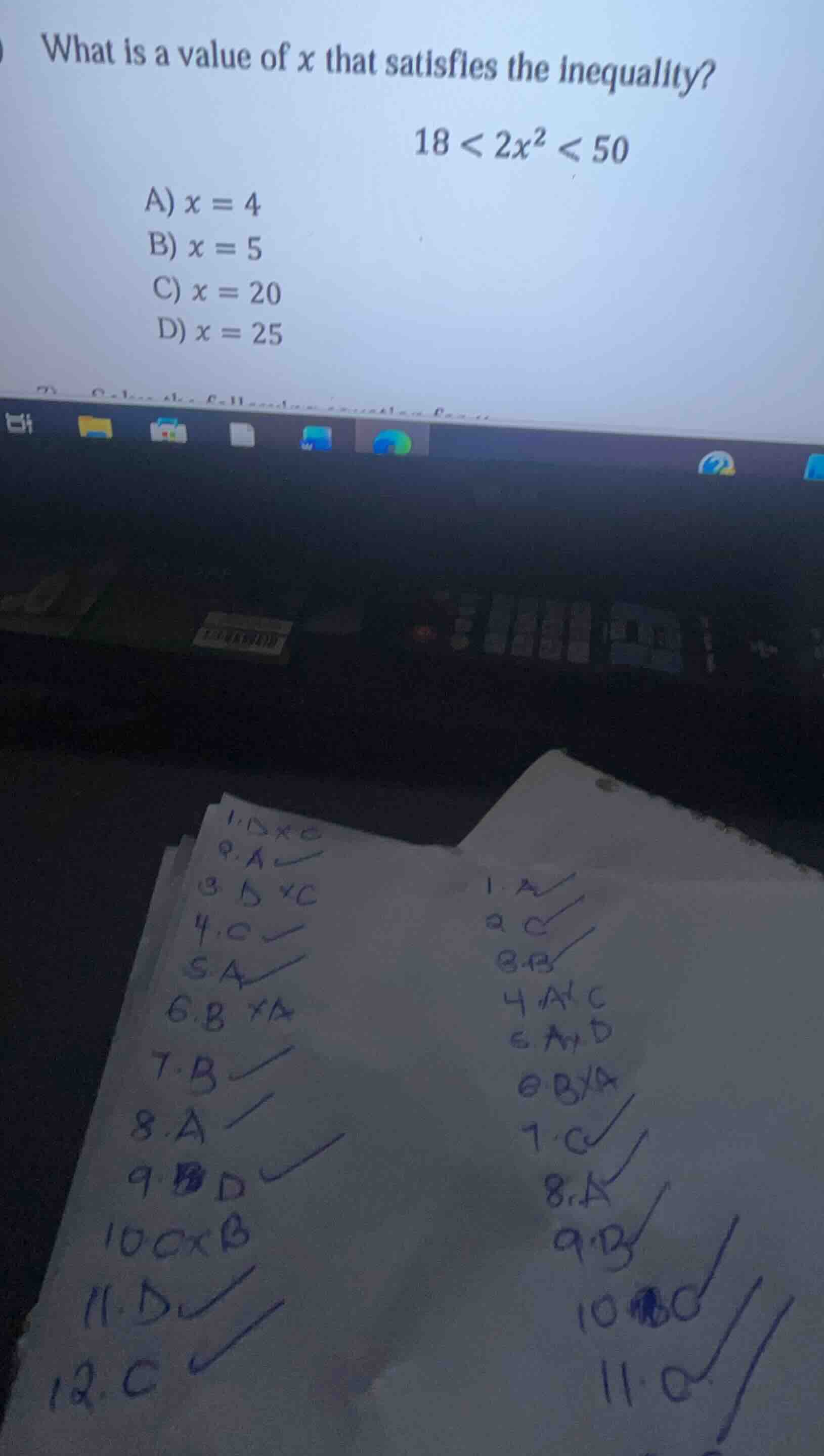 what is a value of x that satisfies the inequality? $18 < 2x^2 < 50$ a)…