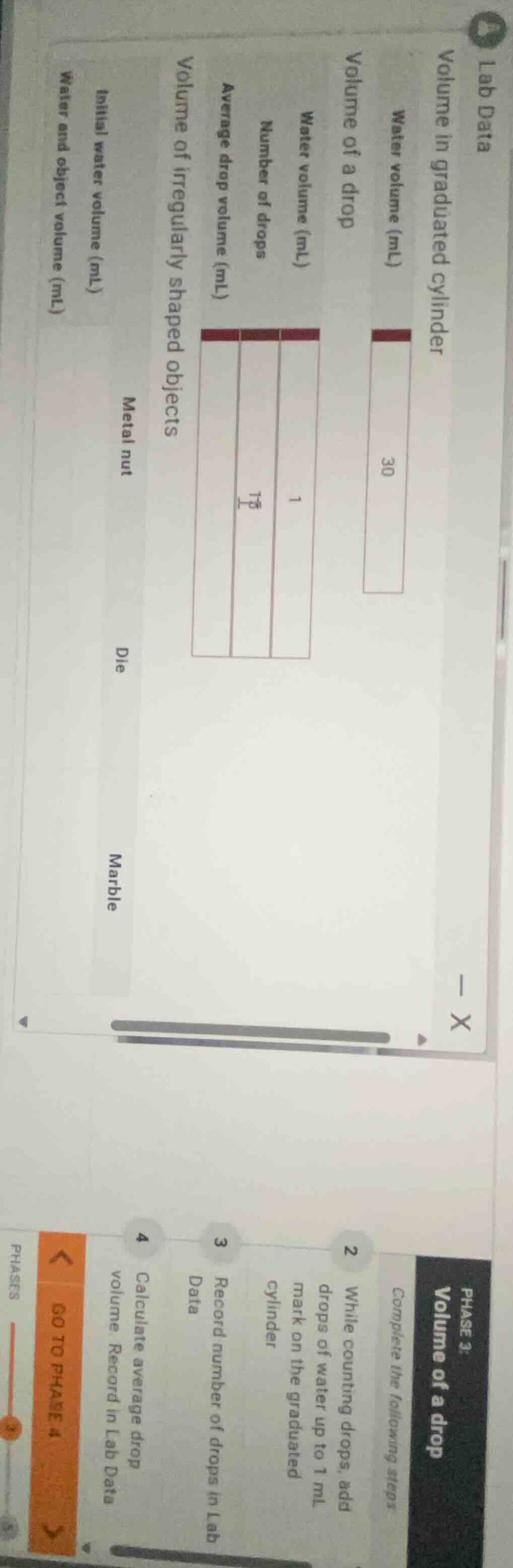 lab data volume in graduated cylinder water volume (ml) 30 volume of a …