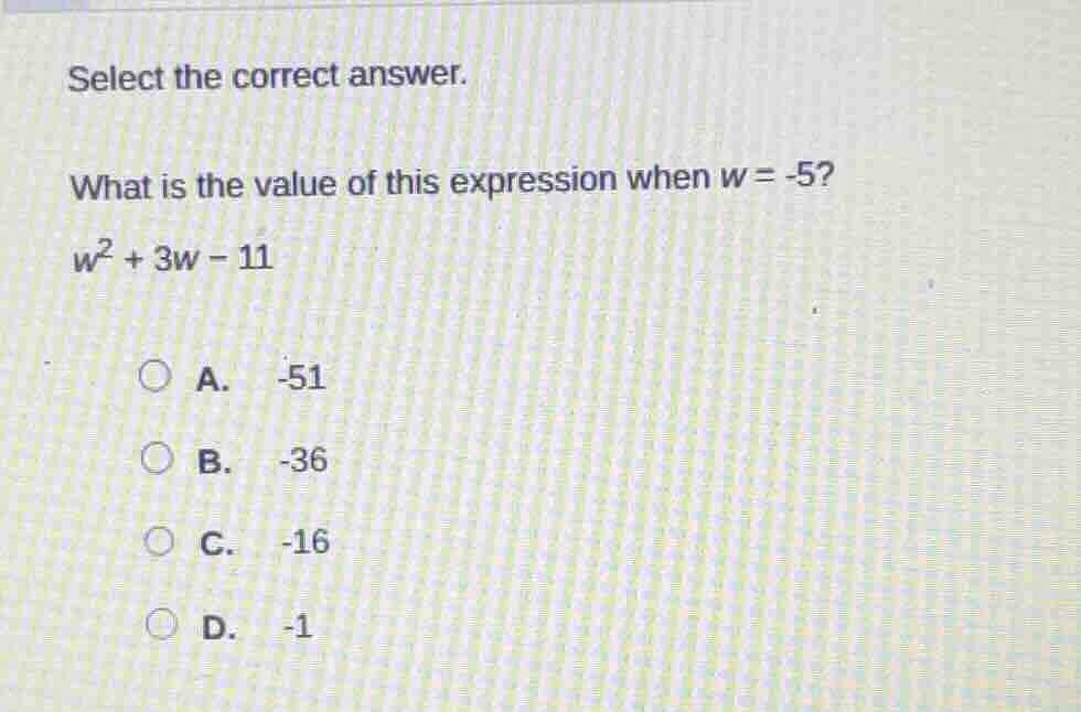 select the correct answer. what is the value of this expression when w …