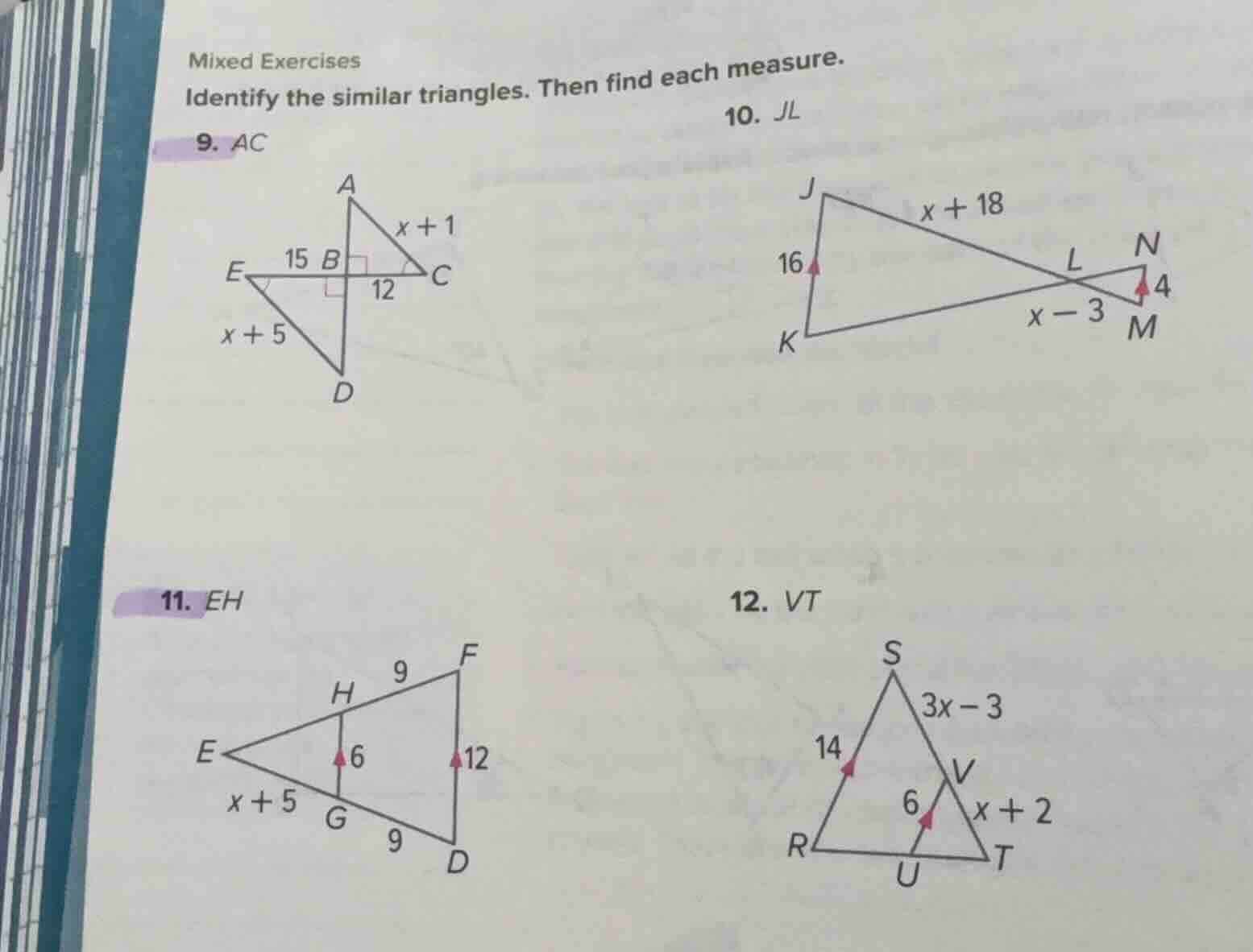 mixed exercises identify the similar triangles. then find each measure.…