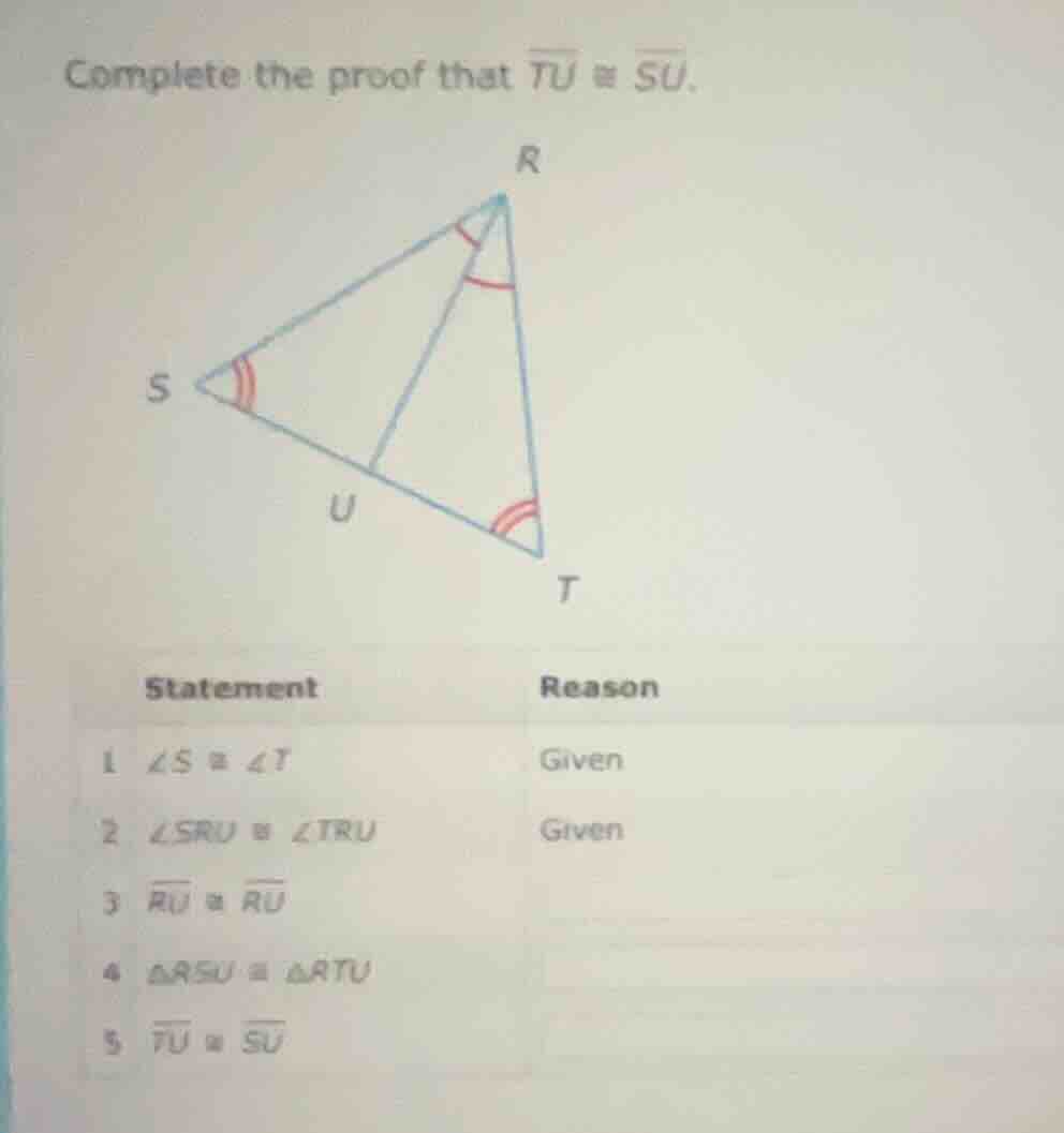 complete the proof that (overline{tu} cong overline{su}). image of tria…