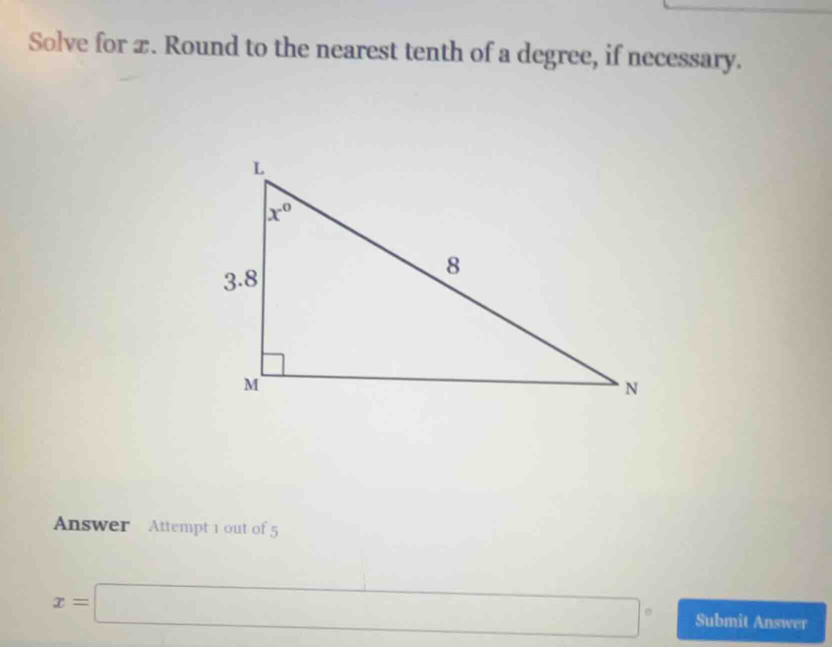 solve for x. round to the nearest tenth of a degree, if necessary. (rig…