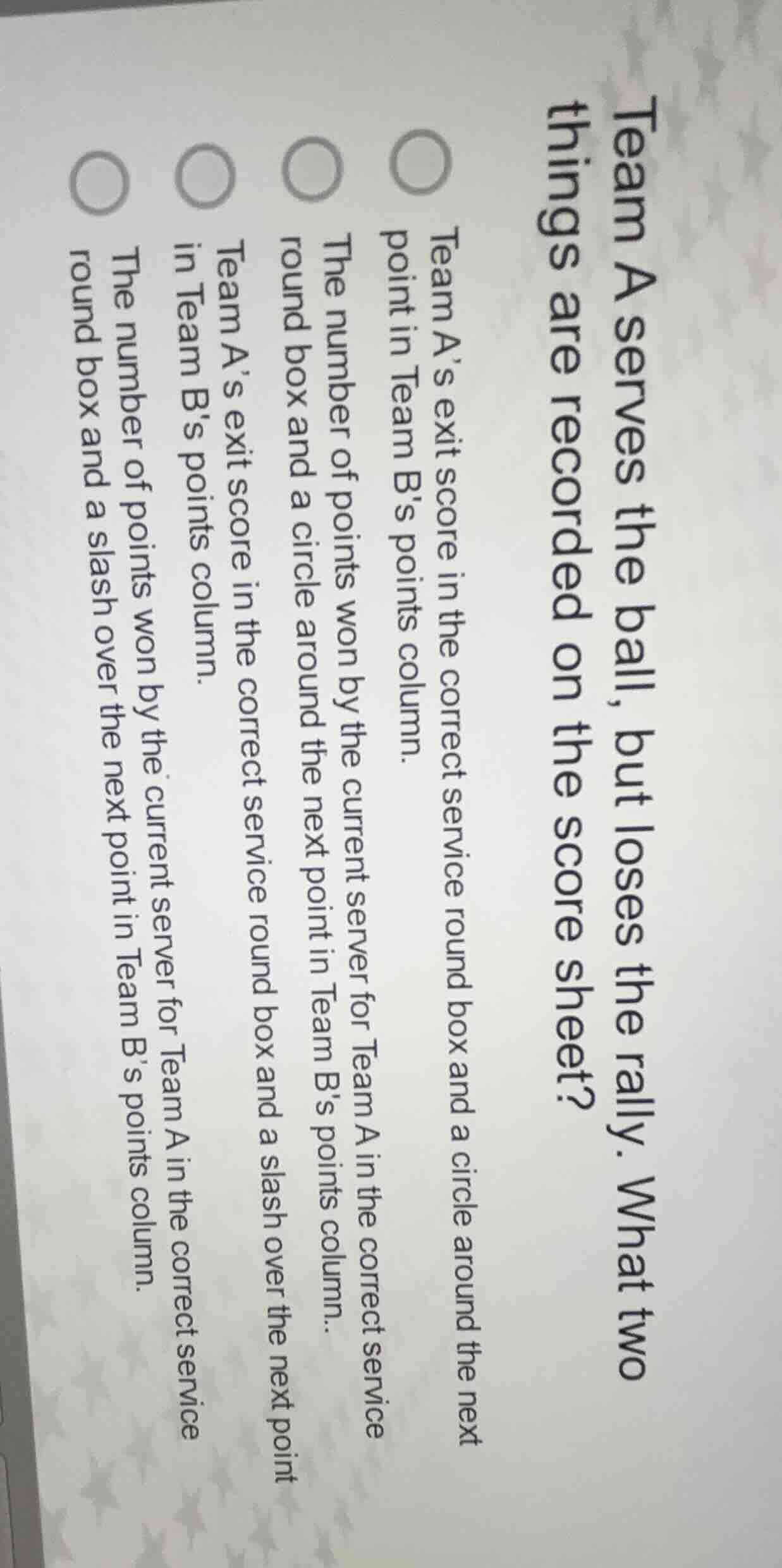 team a serves the ball, but loses the rally. what two things are record…