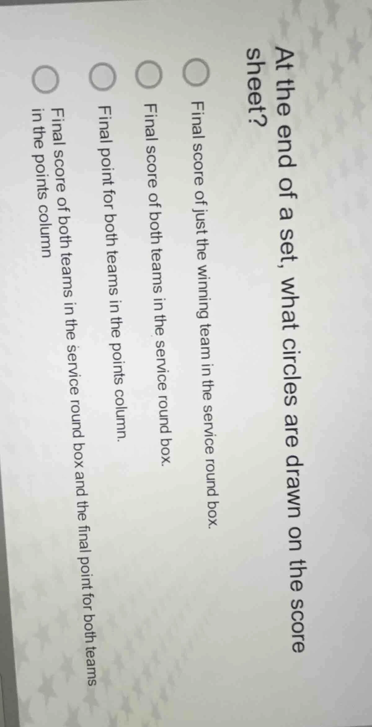 at the end of a set, what circles are drawn on the score sheet? final s…