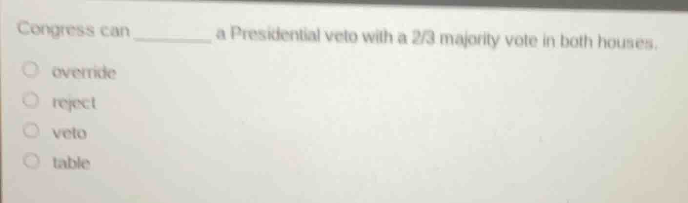 congress can ______ a presidential veto with a 2/3 majority vote in bot…