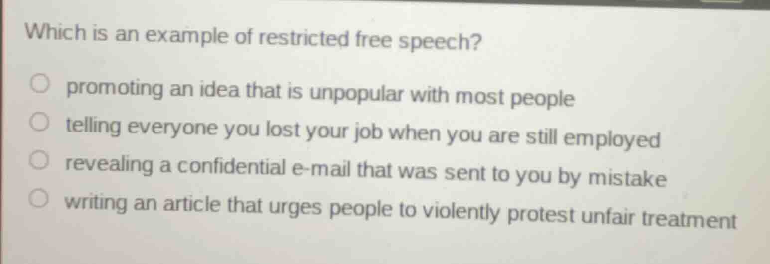 which is an example of restricted free speech? promoting an idea that i…