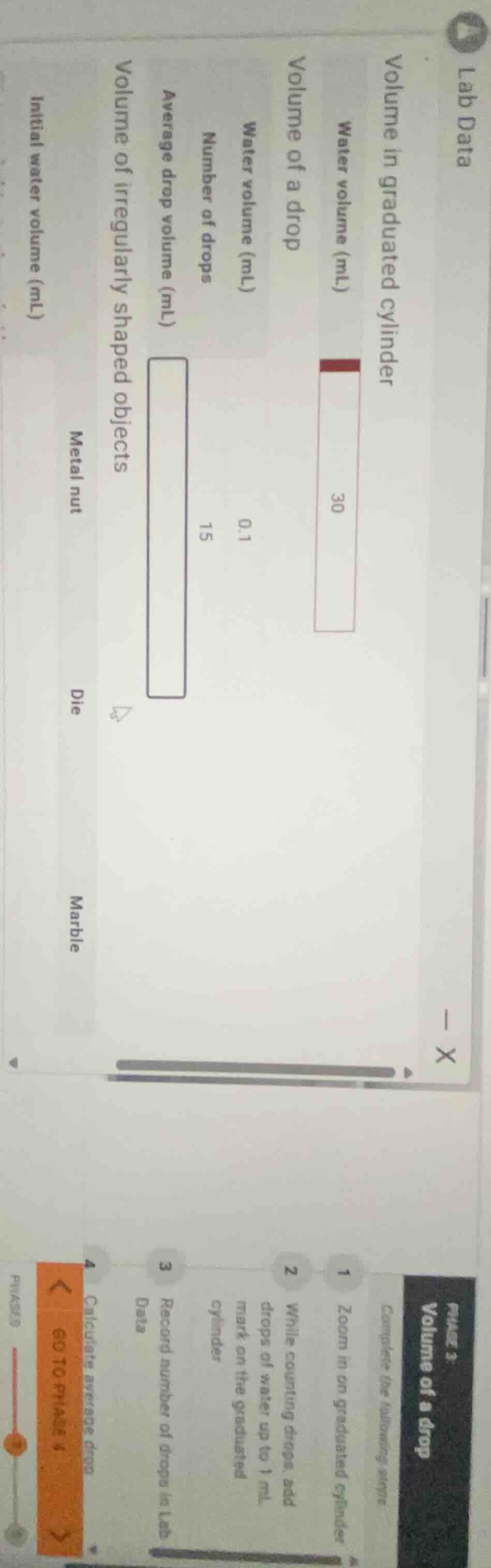 lab data volume in graduated cylinder water volume (ml) 30 volume of a …