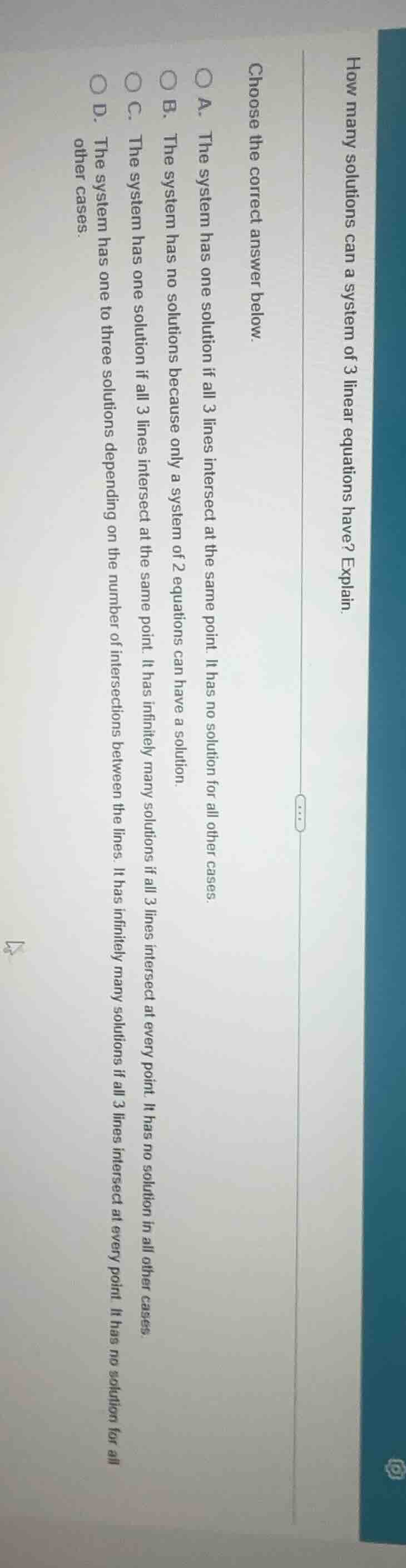 how many solutions can a system of 3 linear equations have? explain. ch…