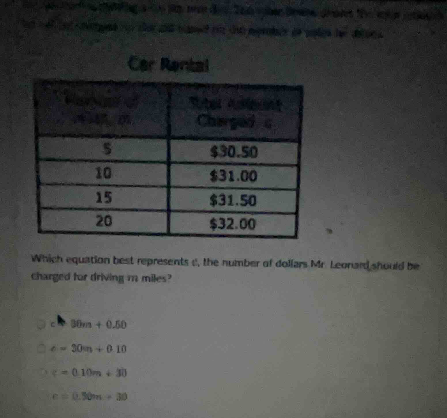 car rental | number of miles (m) | total cost charged ($) | | ---- | --…
