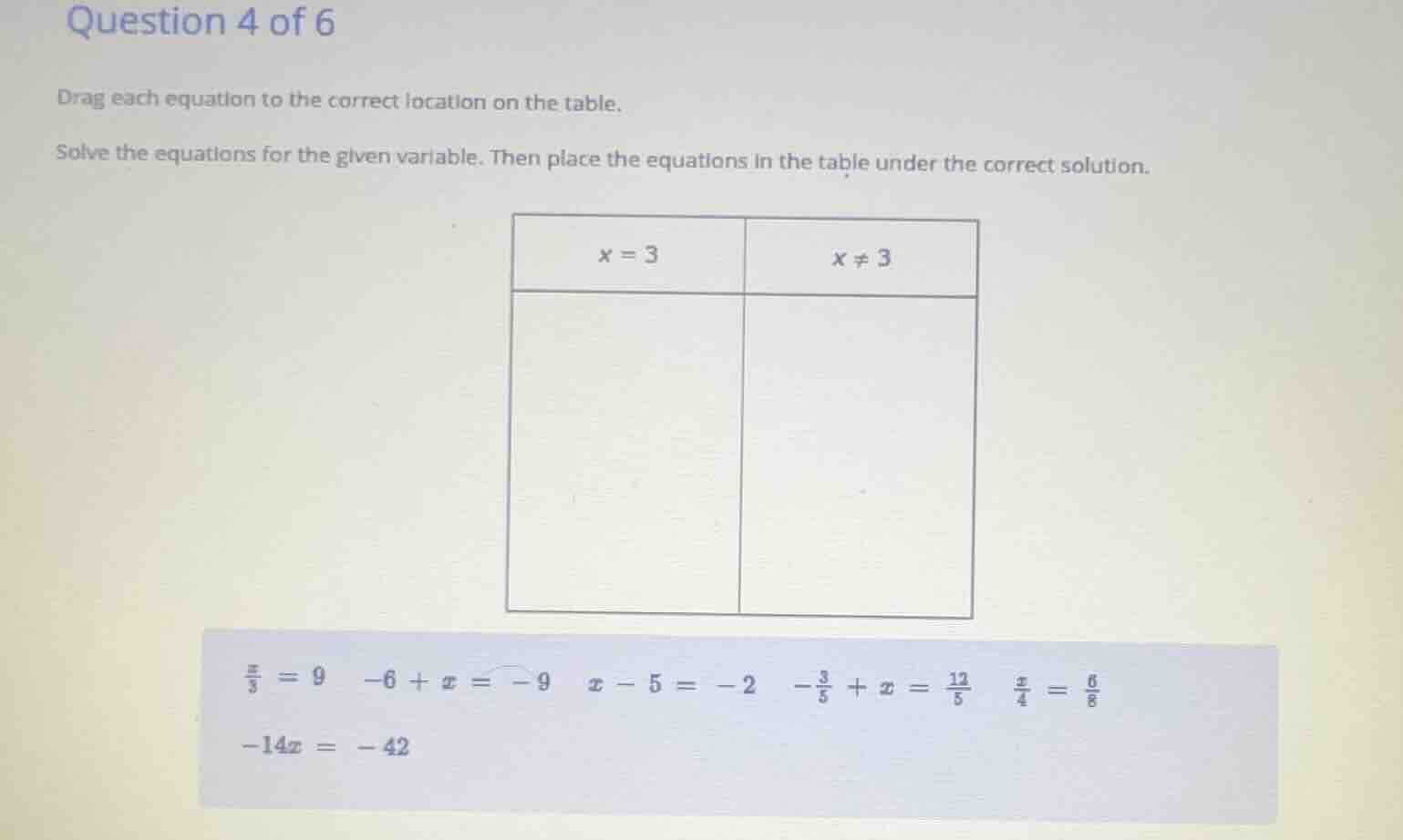 question 4 of 6 drag each equation to the correct location on the table…