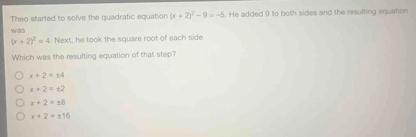 theo started to solve the quadratic equation ((x + 2)^2 - 9 = -5). he a…