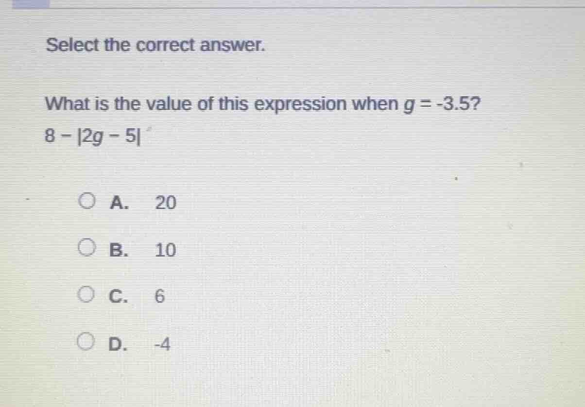 select the correct answer. what is the value of this expression when g …