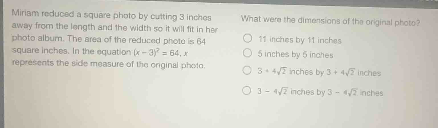 miriam reduced a square photo by cutting 3 inches away from the length …