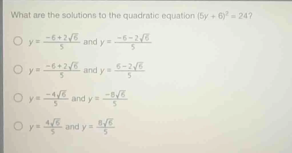 what are the solutions to the quadratic equation $(5y + 6)^2 = 24$? $\\…