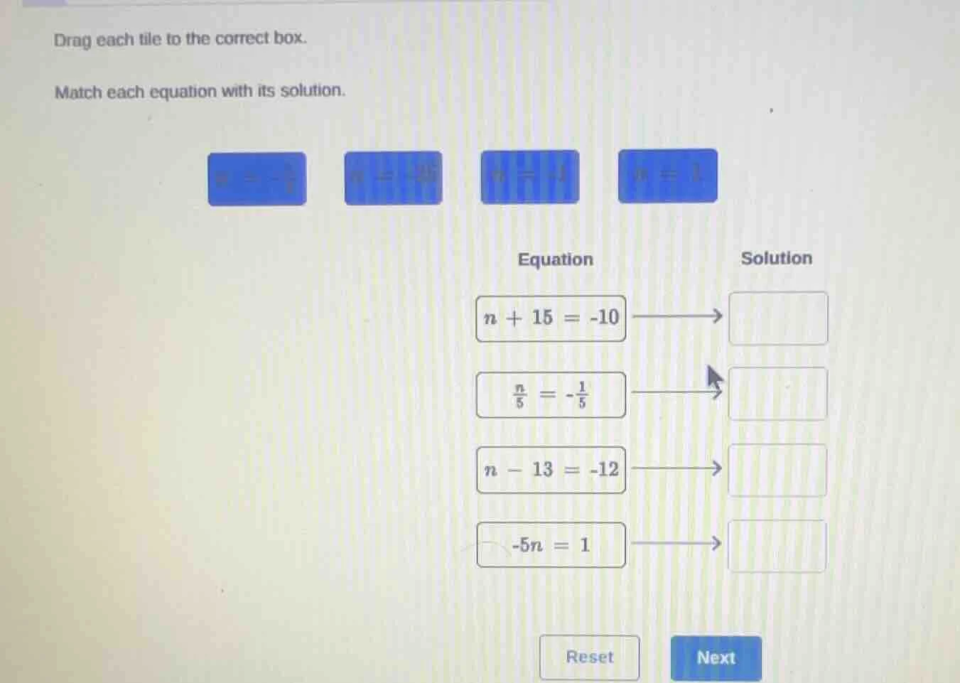 drag each tile to the correct box. match each equation with its solutio…