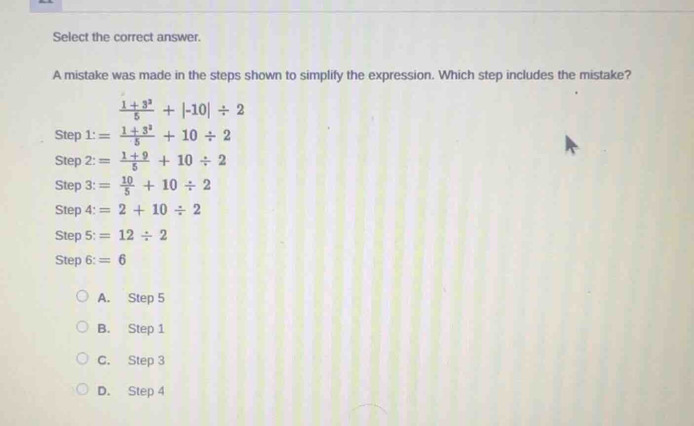 select the correct answer. a mistake was made in the steps shown to sim…