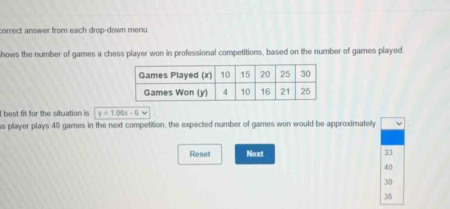 correct answer from each drop - down menu. shows the number of games a …