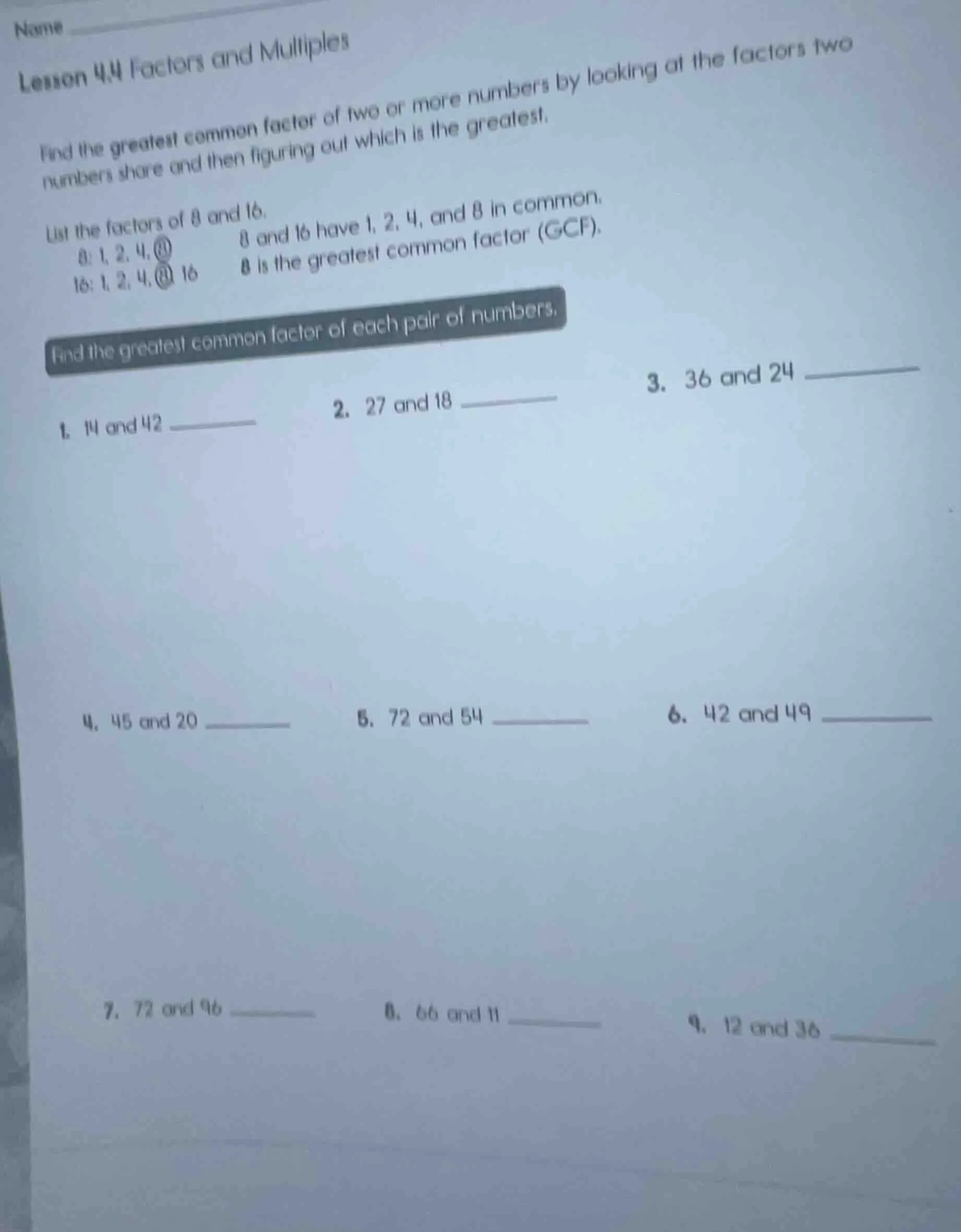 name lesson 4.4 factors and multiples find the greatest common factor o…
